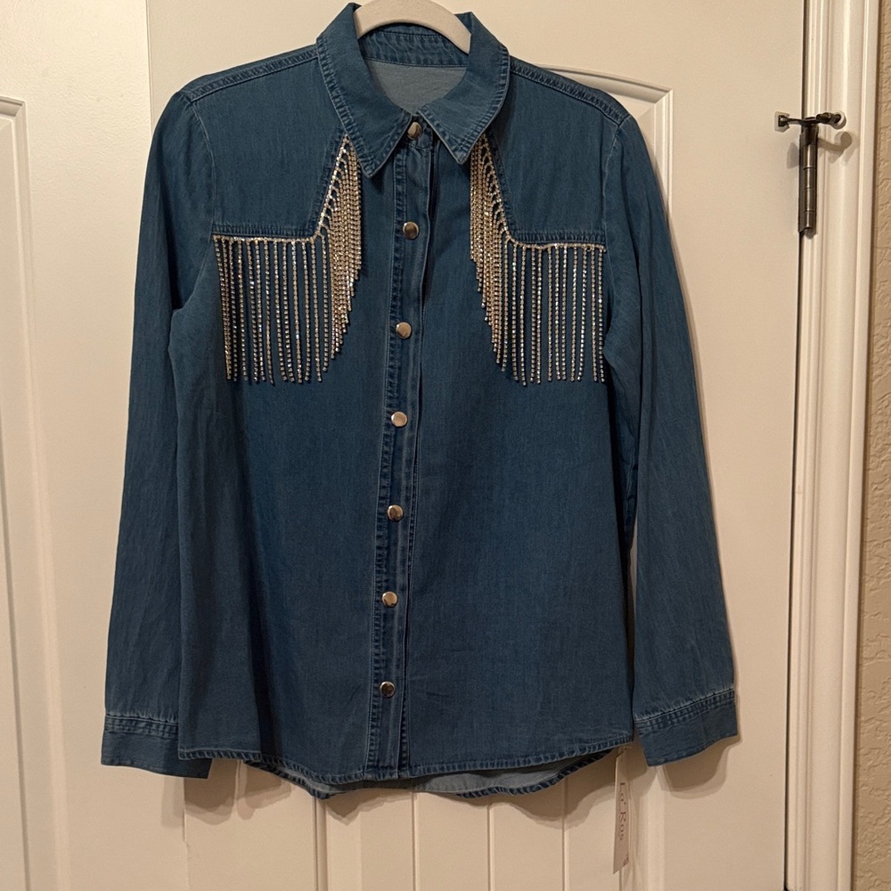 NWT Denim Shirt with Fringe Detail Size Small